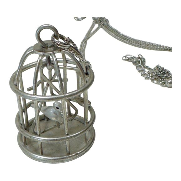 Silver Birdcage Pendant Necklace With Delicate Chain Unique Vintage Accessory - Picture 7 of 13